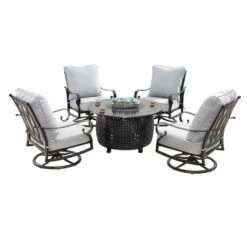 5pc Set With 44" Round Outdoor Aluminum Fire Table & Four Swivel Rocking Chairs & Wind Blocker Lid - Oakland Living
