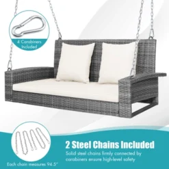 Tangkula Outdoor Porch Swing Bench, Patio Wicker Hanging Swing With Rustproof Chains & Comfortable Cushions Off White/Turquoise/Red/Black -Garden Furniture Store GUEST 95df3180 299b 4db3 8362 219cc0087b07