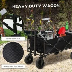 Outsunny Collapsible Wagon, Graden Carts With Wheels, Adjustable Handle, Folding Table And Cup Holders, Black -Garden Furniture Store GUEST 97c5641f 94c8 4386 a8f4 f75907f78a8a