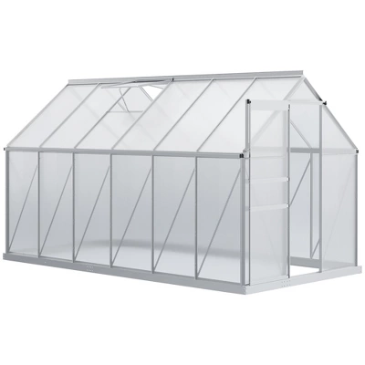 Outsunny Aluminum Greenhouse, Polycarbonate Walk-in Garden Greenhouse Kit With Adjustable Roof Vent, Rain Gutter And Sliding Door For Winter, Silver 6 Outsunny Aluminum Greenhouse, Polycarbonate Walk-in Garden Greenhouse Kit With Adjustable Roof Vent, Rain Gutter And Sliding Door For Winter, Silver - Image 6
