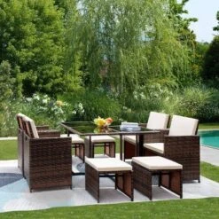 9pc Outdoor Conversation Set With Tempered Glass Table, Cushioned Chairs & Ottomans - Devoko -Garden Furniture Store GUEST 9942a625 d1f5 48d2 ad97 c770b30d6ab8