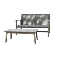Monterosso 2pc Wood & Rattan Outdoor Patio Loveseat & Coffee Table Set - DUKAP