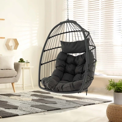 Costway Hanging Egg Chair Wicker Swing Hammock Chair With Head Pillow & Seat Cushion Gray 1 Costway Hanging Egg Chair Wicker Swing Hammock Chair With Head Pillow & Seat Cushion Gray