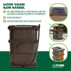 FCMP Outdoor WG4000 45 Gallon Wood Grain Outdoor Home Rain Water Catcher Barrel Flat Back Container With Spigots And Mesh Screen, Brown 8 FCMP Outdoor WG4000 45 Gallon Wood Grain Outdoor Home Rain Water Catcher Barrel Flat Back Container With Spigots And Mesh Screen, Brown -Garden Furniture Store GUEST 9da25afa 9e69 4535 bdd4 e95507f100c3