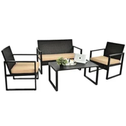 Costway 4PCS Patio Rattan Furniture Set Cushioned Sofa Coffee Table Garden Deck Brown -Garden Furniture Store GUEST 9e336dc5 6c5a 4588 b090 4fd568a47647