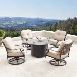 5pc Outdoor Dining Set With 44" Round Fire Table, 4 Deep Seating Swivel Rocking Chairs & Table Fabric Covers - Tan/Copper - Oakland Living