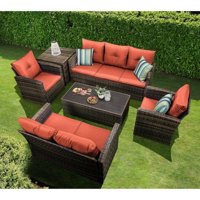 6pc Wicker Outdoor Conversation Set With Cushions - Orange - EDYO LIVING 3 6pc Wicker Outdoor Conversation Set With Cushions - Orange - EDYO LIVING - Image 3