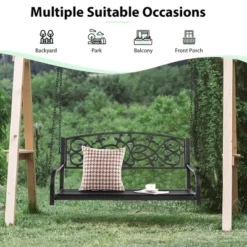 Costway 2-Person Metal Outdoor Porch Swing Hanging Patio Bench 485 Lbs Capacity BlackBrown -Garden Furniture Store GUEST a30ecb6c 2342 447a be3c 1606ed1b5ec9