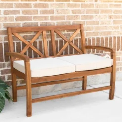 Acacia Wood X-Back Love Seat With Cushions Brown - Saracina Home -Garden Furniture Store GUEST a375564a 7544 45f1 9224 786c06015617