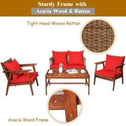Costway 4PCS Patio Rattan Furniture Set Acacia Wood Frame Cushioned Sofa Chair -Garden Furniture Store GUEST a3cab5d7 9714 4d51 943d f30834c135a8