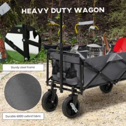 Outsunny Collapsible Wagon, Graden Carts With Wheels, Adjustable Handle, Folding Table And Cup Holders, Dark Gray -Garden Furniture Store GUEST a82e1ba0 5efd 460b 8260 8628e4052490