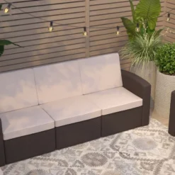 Merrick Lane Outdoor Furniture Resin Sofa Chocolate Brown Faux Rattan Wicker Pattern Patio 3-Seat Sofa With All-Weather Beige Cushions -Garden Furniture Store GUEST a8ea56fa 3fde 4772 939c 4923b7bcbf35