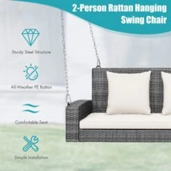 Tangkula Outdoor Porch Swing Bench, Patio Wicker Hanging Swing With Rustproof Chains & Comfortable Cushions Off White/Turquoise/Red/Black -Garden Furniture Store GUEST ae5fcce1 0bb8 45f5 873a 0e4069d82e72