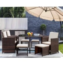 9pc Outdoor Conversation Set With Tempered Glass Table, Cushioned Chairs & Ottomans - Devoko -Garden Furniture Store GUEST b1078b16 8bd2 45f2 ac42 3dd5e21d77cf