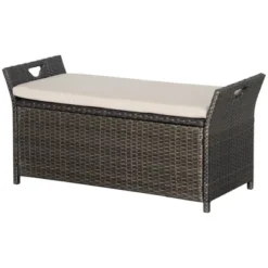 Outsunny Outdoor PE Rattan Two-In-One Storage Bench, Patio Wicker Large Capacity Footstool Rectangle Basket Box W/ Handles & Cushion -Garden Furniture Store GUEST b2a2ccdd 9be0 4ab8 a434 c65ecd050969