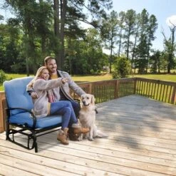 Costway Glider Outdoor Patio Rocking Bench Loveseat Cushioned Seat Steel Frame Blue -Garden Furniture Store GUEST b4a2a19e 72af 4f3b 8aa7 91b5364b9d50