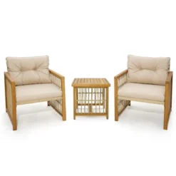 Costway 3PCS Patio PE Wicker Conversation Set Acacia Wood Frame WithSeat & Back Cushions -Garden Furniture Store GUEST b585025b e0c2 49a2 b7ca 57ded3051131