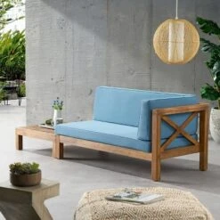 2pc Brava Outdoor Acacia Wood Right Arm Loveseat & Coffee Table With Cushion Teak/Blue - Christopher Knight Home -Garden Furniture Store GUEST b6f2328d 7a77 485b 86bd 60fde3cf808f