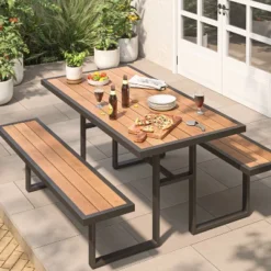 Bryant Faux Wood Rectangle Patio Picnic Table - Gray/Natural Wood - Threshold™