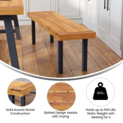 Flash Furniture Martindale Solid Acacia Wood Patio Dining Bench For 2 With Slatted Top And Black Flared Wooden Legs In A Natural Finish -Garden Furniture Store GUEST b81371e9 1817 46c6 9889 e3ae3d8cb3fe