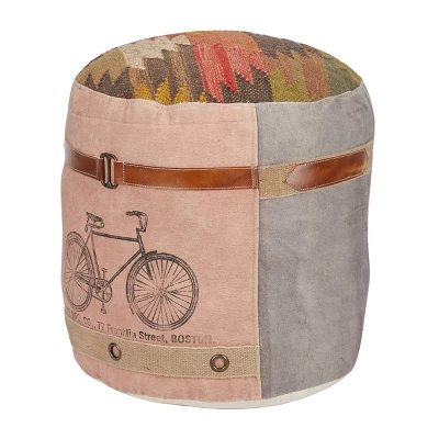 Cotton Pouf Featuring A Screenprinted Bicycle Illustration With Script - Olivia & May 2 Cotton Pouf Featuring A Screenprinted Bicycle Illustration With Script - Olivia & May - Image 2