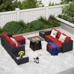 Captiva Designs 7pc Steel & Wicker Outdoor Square Fire Pit Furniture Set With Cushions -Garden Furniture Store GUEST bd495b68 983d 465f 9a48 b08f3a49b6f4