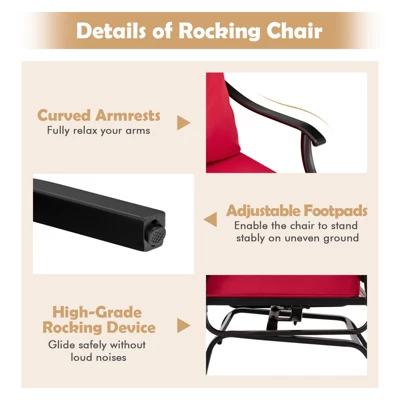 Tangkula 3PCS Outdoor Rocking Chair Set Patio Conversation Bistro Set W/ Red Cushions 4 Tangkula 3PCS Outdoor Rocking Chair Set Patio Conversation Bistro Set W/ Red Cushions - Image 4