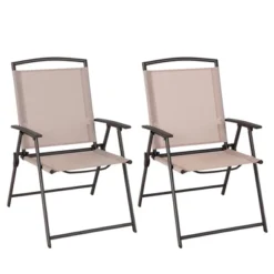 Costway 2 Pcs Patio Folding Sling Dining Chairs Armrests Steel Frame Outdoor Beige/Grey -Garden Furniture Store GUEST bf7114c0 4f08 46b2 b354 4b0971cac218