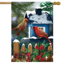Snow Day Cardinals Winter House Flag Birdhouse Berries 28" X 40" Briarwood Lane