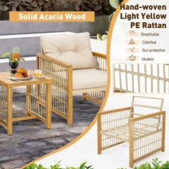 Costway 3PCS Patio PE Wicker Conversation Set Acacia Wood Frame WithSeat & Back Cushions -Garden Furniture Store GUEST c277174d c10c 4b60 9166 f25ad488a162