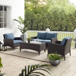 Kiawah 4pc Outdoor Wicker Conversation Set With Sofa, Arm Chairs & Coffee Table Blue - Crosley -Garden Furniture Store GUEST c41b752f feb5 467b a363 f8f903959316