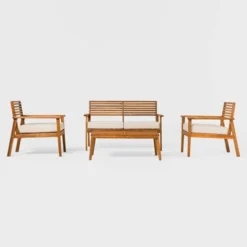 Saracina Home 4pc Mid-Century Modern Slatted Acacia Outdoor Patio Conversation Furniture Set -Garden Furniture Store GUEST c4d7d1d2 081c 481c b87f 5213fd61bac6