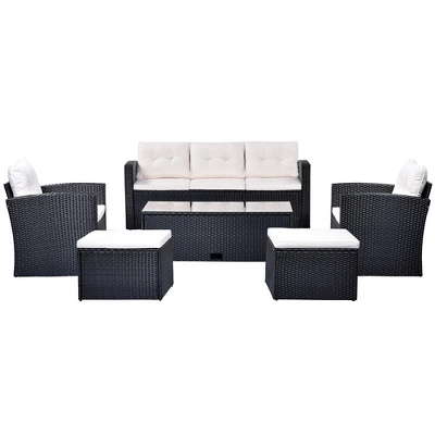 6pc Wicker Patio Conversation Set With Sofa, Arm Chairs, Ottomans & Coffee Table - Black/Beige - GODEER 4 6pc Wicker Patio Conversation Set With Sofa, Arm Chairs, Ottomans & Coffee Table - Black/Beige - GODEER - Image 4