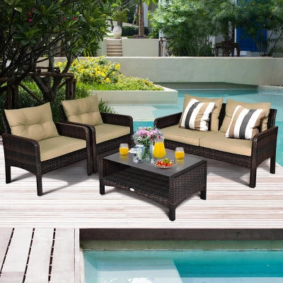 Costway 4PCS Patio Rattan Furniture Set Loveseat Sofa Coffee Table Sofa W/Cushion Garden 4 Costway 4PCS Patio Rattan Furniture Set Loveseat Sofa Coffee Table Sofa W/Cushion Garden - Image 4