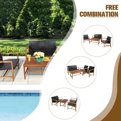Costway 8PCS Outdoor Patio Rattan Furniture Set Acacia Wood Frame Sofa Loveseat Garden 7 Costway 8PCS Outdoor Patio Rattan Furniture Set Acacia Wood Frame Sofa Loveseat Garden - Image 7