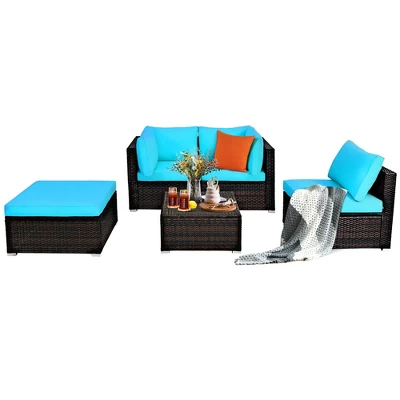Costway 5PCS Patio Rattan Sectional Conversation Set Ottoman Turquoise 7 Costway 5PCS Patio Rattan Sectional Conversation Set Ottoman Turquoise - Image 7