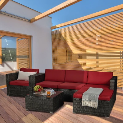6pc Outdoor Rattan Wicker Conversation Set With Chairs, Coffee Table & Cushions - Gray/Red - GODEER 1 6pc Outdoor Rattan Wicker Conversation Set With Chairs, Coffee Table & Cushions - Gray/Red - GODEER