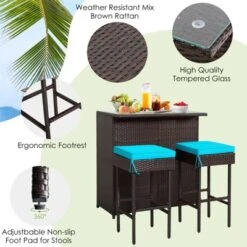 Tangkula 3PCS Patio Wicker Rattan Bar Set Table W/2 Turquoise Cushioned Stools -Garden Furniture Store GUEST cdd32d67 2a4c 4828 8ba3 8179cef199b0