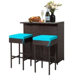 Tangkula 3PCS Patio Wicker Rattan Bar Set Table W/2 Turquoise Cushioned Stools -Garden Furniture Store GUEST cf1b3647 163c 496f aae4 0f19d4e604c0
