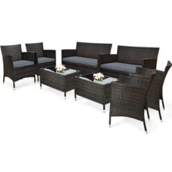 Costway 8PCS Rattan Patio Furniture Set Cushioned Sofa Chair Coffee Table RedBrownTurquoise