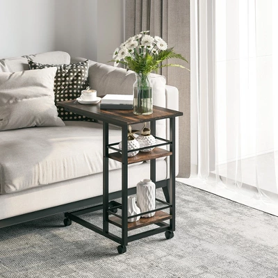 HOMCOM C Shaped End Table With Storage Shelves, Mobile Side Table With Wheels For Sofa Couch, Bed, Metal Frame, Rustic Brown 2 HOMCOM C Shaped End Table With Storage Shelves, Mobile Side Table With Wheels For Sofa Couch, Bed, Metal Frame, Rustic Brown - Image 2
