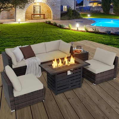 Tangkula 7PCS Patio Rattan Furniture Set 42" Fire Pit Table W/ Cover Cushioned 2 Tangkula 7PCS Patio Rattan Furniture Set 42" Fire Pit Table W/ Cover Cushioned - Image 2