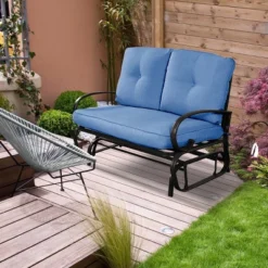 Costway Glider Outdoor Patio Rocking Bench Loveseat Cushioned Seat Steel Frame Blue -Garden Furniture Store GUEST d9145d41 290b 4117 b0be ca69ee801424