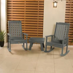 Lehigh 2pk Rocking Chairs With 1 Adirondack Side Table Coastal Teak Gray- Highwood