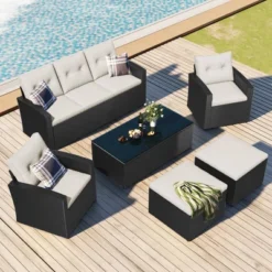 6pc Wicker Patio Conversation Set With Sofa, Arm Chairs, Ottomans & Coffee Table - Black/Beige - GODEER 16 6pc Wicker Patio Conversation Set With Sofa, Arm Chairs, Ottomans & Coffee Table - Black/Beige - GODEER -Garden Furniture Store GUEST dd3f6e98 4c99 466f 92b6 ca58a1a47b74