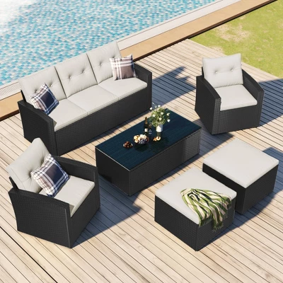 6pc Wicker Patio Conversation Set With Sofa, Arm Chairs, Ottomans & Coffee Table - Black/Beige - GODEER 3 6pc Wicker Patio Conversation Set With Sofa, Arm Chairs, Ottomans & Coffee Table - Black/Beige - GODEER - Image 3