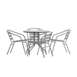 Emma And Oliver 31.5'' Round Glass Top Metal Table With 4 Aluminum Slat Stack Chairs -Garden Furniture Store GUEST dee32d54 33db 40df 9fff 4d0d99d391da