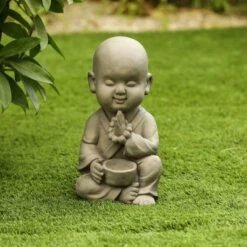 LuxenHome 12.01" Gray MgO Meditating Buddha Monk With Bowl And Beads Garden Statue