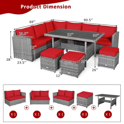 Costway 7 PCS Patio Rattan Dining Set Sectional Sofa Couch Ottoman Garden WhiteRedBlack 3 Costway 7 PCS Patio Rattan Dining Set Sectional Sofa Couch Ottoman Garden WhiteRedBlack - Image 3