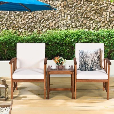 Costway 3PC Outdoor Patio Sofa Furniture Set Solid Wood Cushioned Conversation Set White 2 Costway 3PC Outdoor Patio Sofa Furniture Set Solid Wood Cushioned Conversation Set White - Image 2